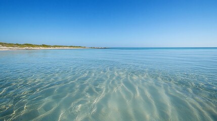 Tranquil shallow turquoise water beach scene with clear view of seabed.