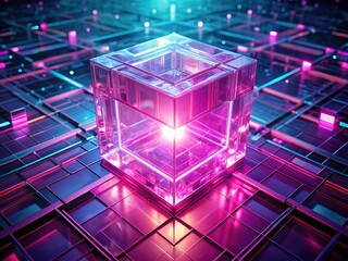 Rule-of-thirds, pink cube core, advanced tech aesthetic.