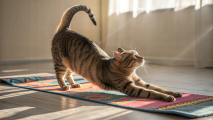 A domestic cat gracefully stretches, stretching its spine, doing exercises on a bright rug. Concept of a healthy back and the need for stretching. Photos for magazines, websites, books