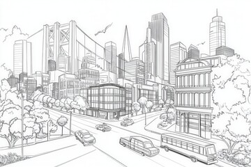 Fototapeta premium Detailed black and white urban cityscape with skyline and architecture