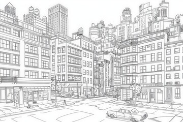 Obraz premium Black and white cityscape illustration of urban buildings and street scene