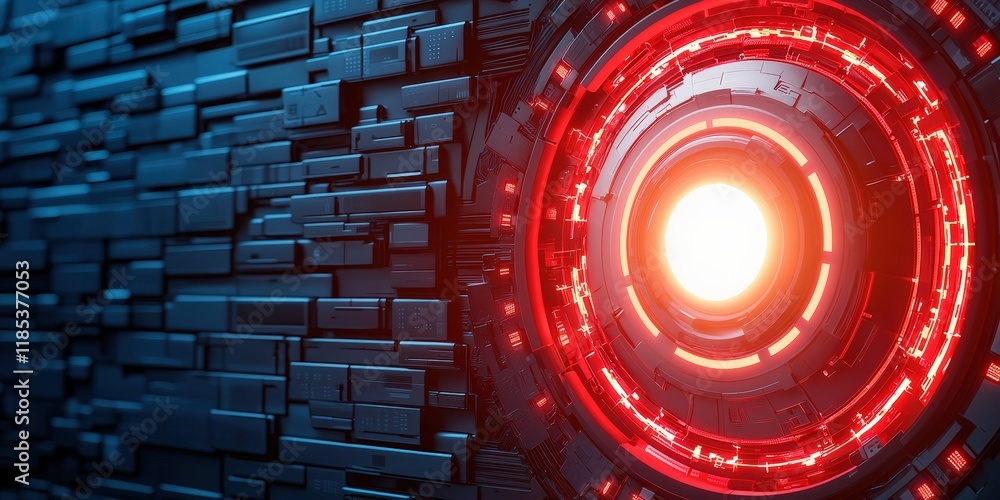 Poster a futuristic, high-tech design featuring a glowing central orb surrounded by intricate patterns and 