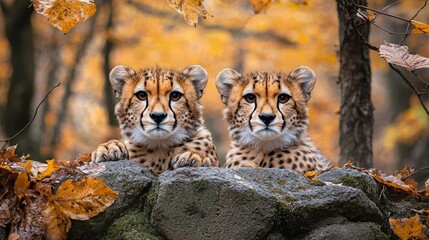 Obraz premium Two Cheetah Cubs Peek From Autumn Leaves Rock