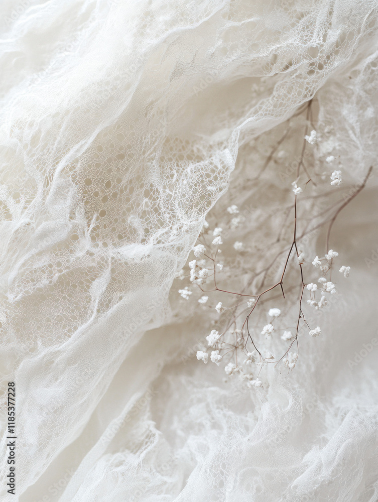 Poster delicate white lace fabric with tiny flowers, creating soft and romantic atmosphere