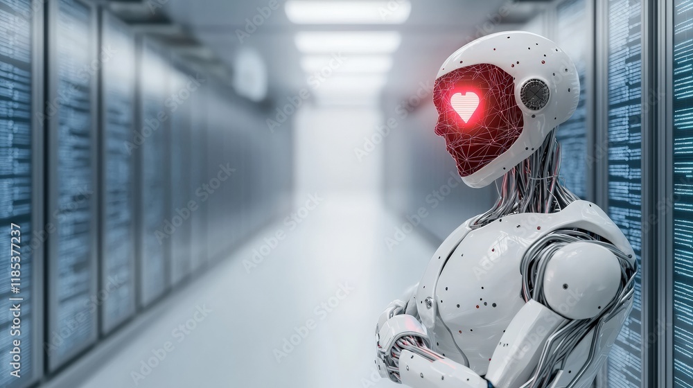 Poster a futuristic robot with a glowing heart-shaped led stands confidently in a high-tech server room, em