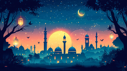 Evening skyline of a mosque during Ramadan with a crescent moon and lanterns