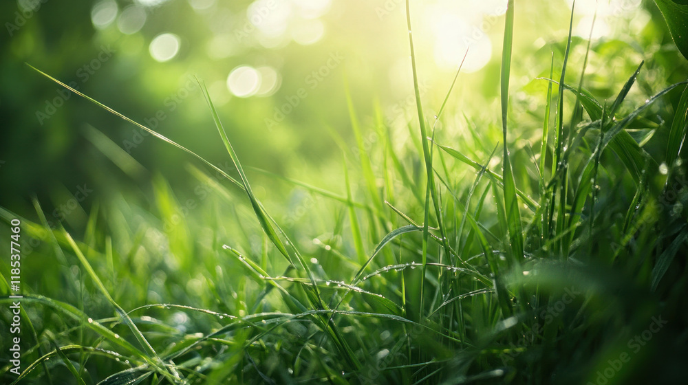 Poster lush green grass glistens with dew under soft sunlight, creating serene atmosphere