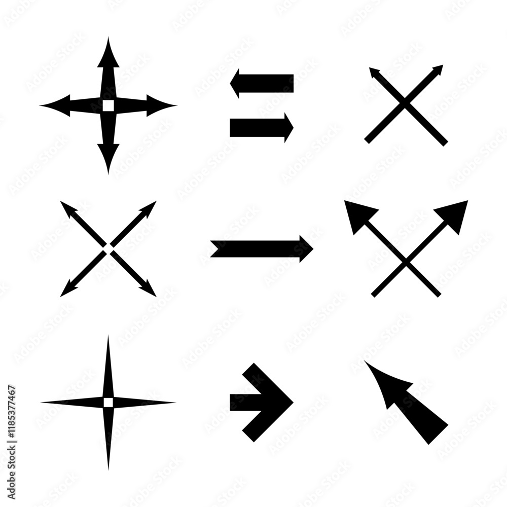 Poster crossed arrows icon. multi direction symbols. navigation arrow set. minimal black vectors.