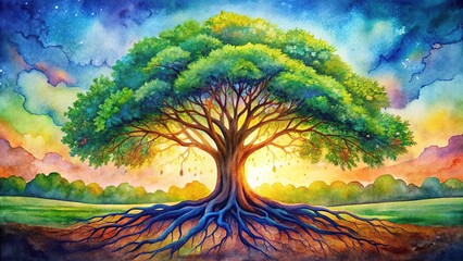 Thirds-rule blooms in vibrant watercolor tree of life.