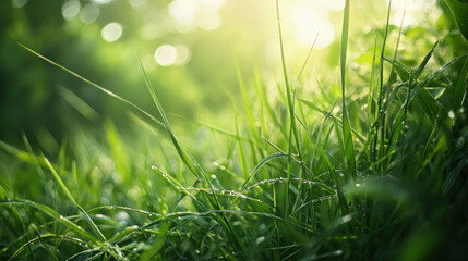 Obraz premium Lush green grass glistens with dew under soft sunlight, creating serene atmosphere