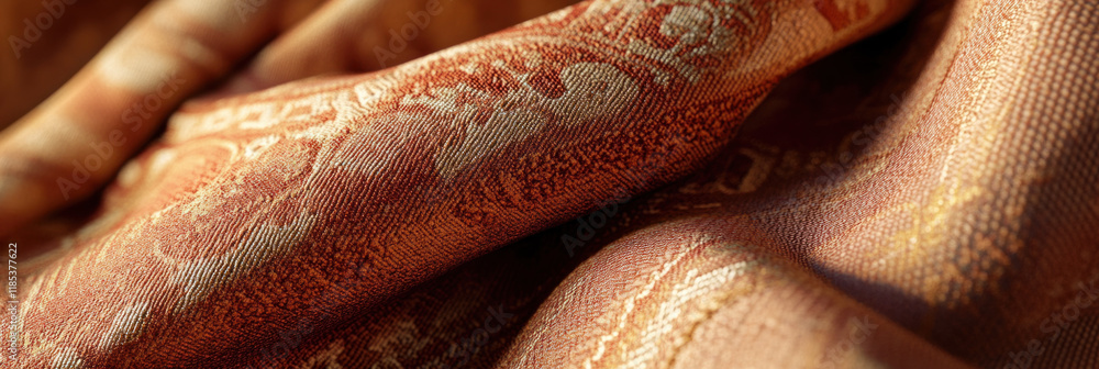 Poster luxurious fabric with intricate patterns in warm orange and gold tones