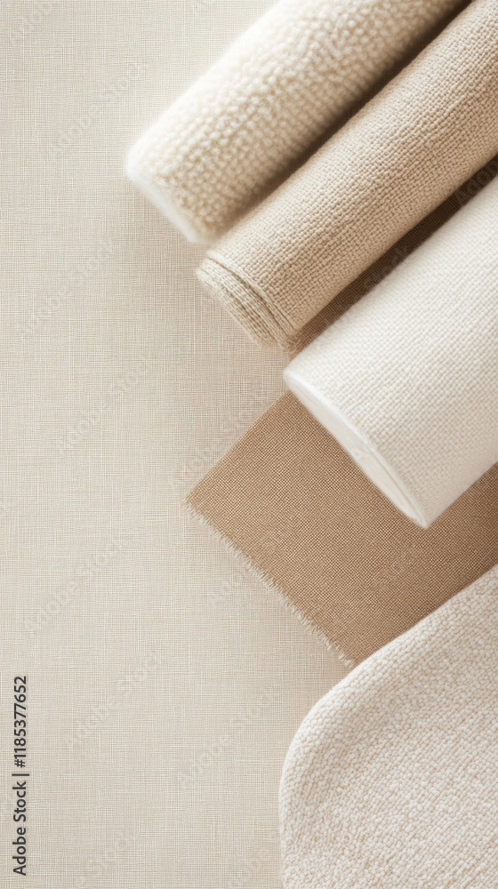 Poster soft beige fabric rolls arranged neatly, showcasing various textures and shades. ideal for interior 