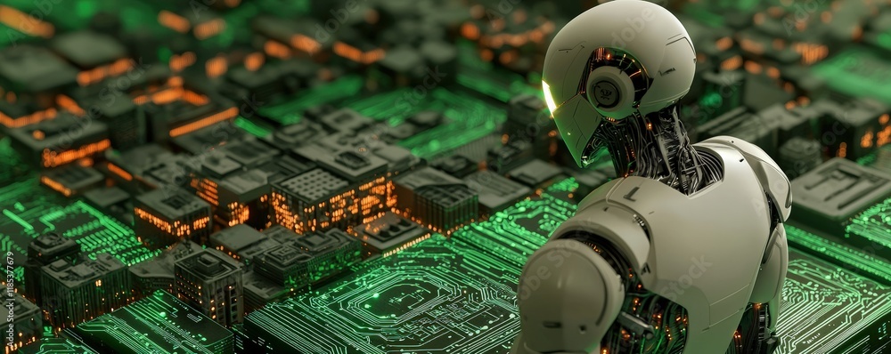 Poster a futuristic robot surveys a complex circuit board, highlighting the integration of technology and a