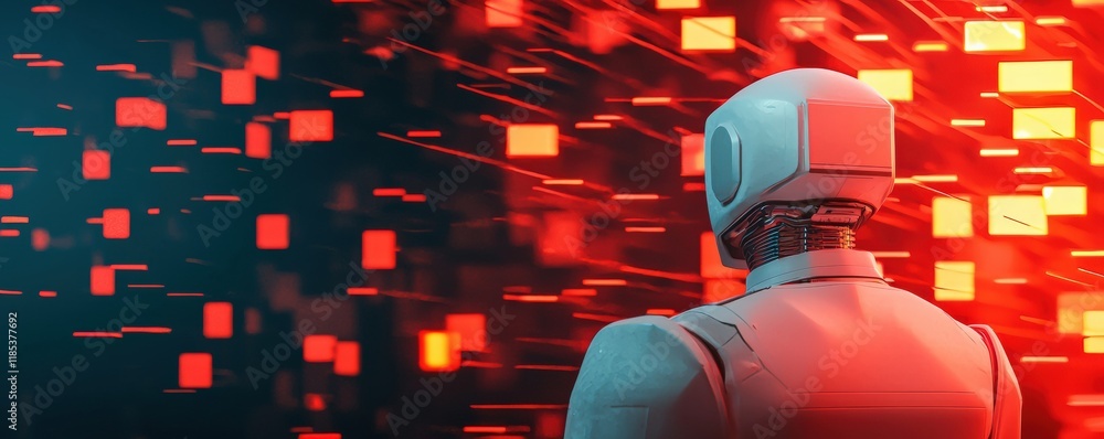 Poster a futuristic robot stands against a backdrop of vibrant red and blue data streams, symbolizing techn