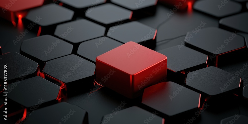Poster a visually striking composition of hexagonal shapes in black and red, creating a modern, digital aes