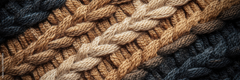 Poster textured knit pattern in warm tones of brown and beige, showcasing intricate braids and weaves