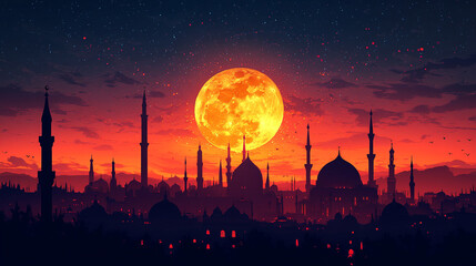 Obraz premium Ramadan night with a glowing moon over an ornate city skyline and beautiful mosques