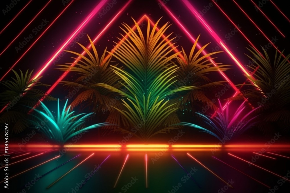Wall mural neon pink lines intersect with palm trees and glow in the darkness. ai generative. .