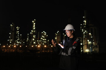 A female chemical worker in safety gear uses a digital tablet and walkie-talkie at a brightly lit refinery at night