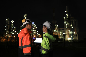 Obraz premium Male and female chemical engineers working with laptops of gas refinery plant and refinery oil factory industry at night