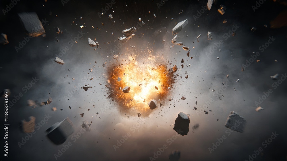 Poster explosive energy burst sequences with debris and smoke clouds creating a dramatic visual effect in a