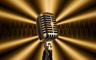 Microphone with sound waves on golden background. podcasting and audio recording work. Brown mic...