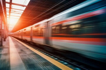 A train with red and white stripes blurs past a platform, leaving a trail of motion. AI generative. .
