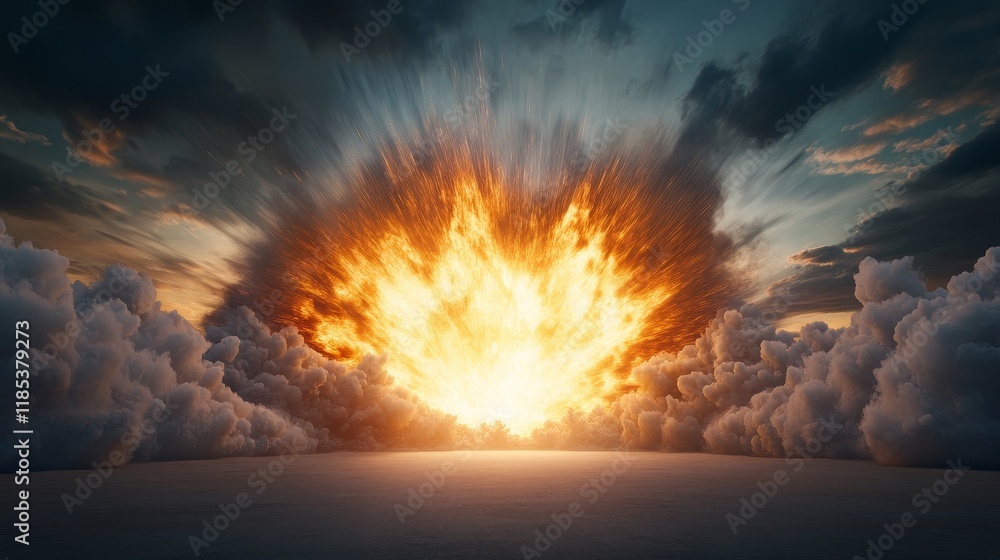 Aufkleber dramatic explosion erupting into darkening skies surrounded by tumultuous clouds and rays of light c