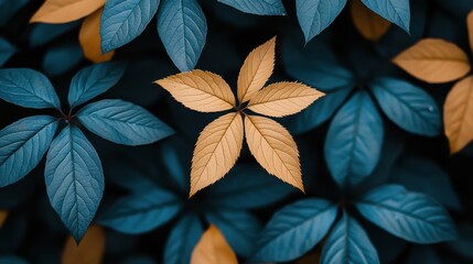 A close-up view of vibrant blue and orange leaves, showcasing a striking contrast in colors and textures.