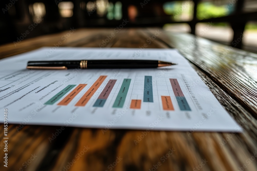 Poster a close-up of a document featuring colorful charts and graphs, accompanied by a sleek pen on a woode
