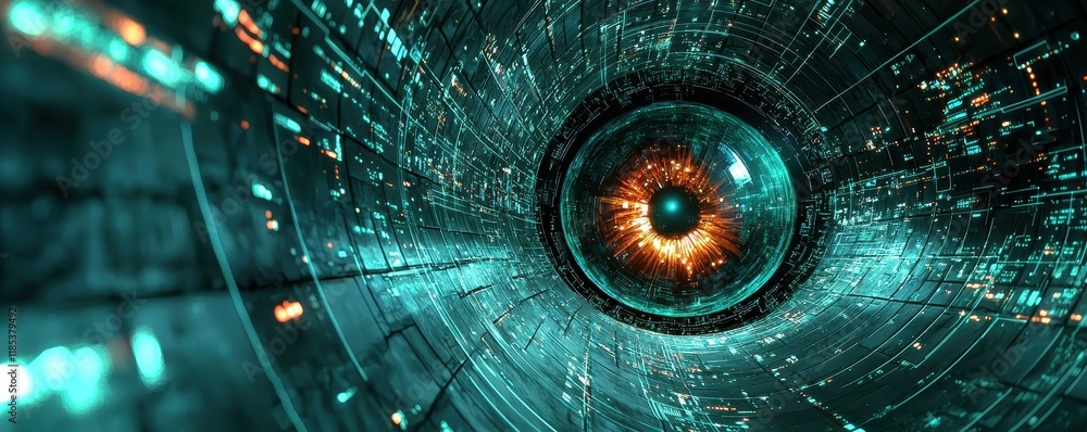 Poster a captivating digital close-up of an eye, surrounded by intricate patterns and glowing circuits, evo