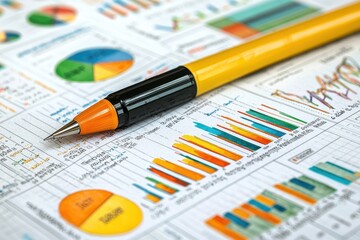 Fototapeta premium A pen rests on a colorful report filled with various charts and graphs, illustrating data analysis and presentation.