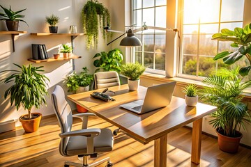 Obraz premium Sunlit home office desk, laptop open, aerial drone view: a productive workspace.