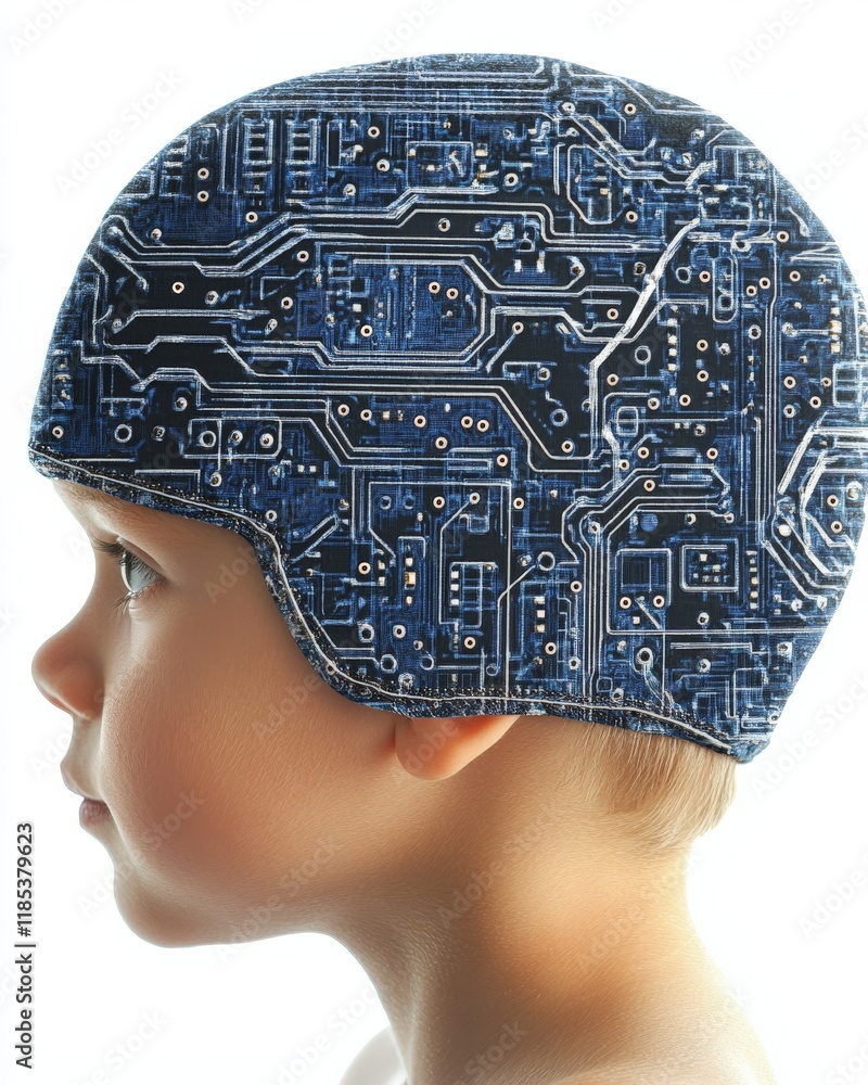 Aufkleber child with a digital helmet featuring intricate circuit patterns, symbolizing neural interfaces, adv