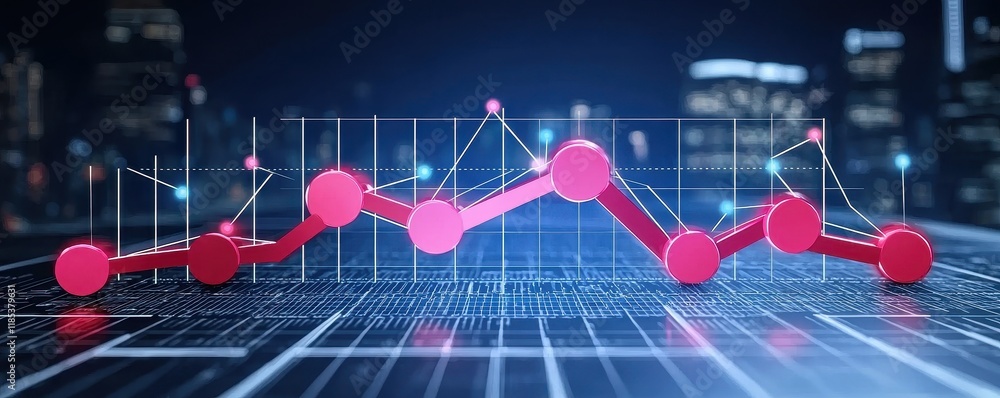Poster a digital graph with red data points on a grid, showcasing trends and fluctuations against a citysca