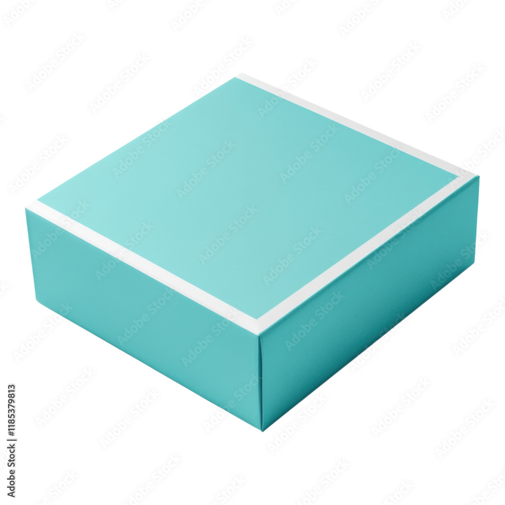 Aufkleber cyan paper box with white label, front view of a simple design showcasing a plain cyan box with a cl