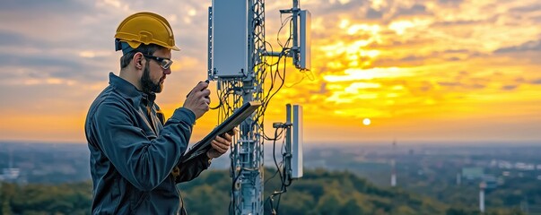 A technician in a helmet inspects a telecommunications tower during sunset, showcasing the blend of technology and nature.