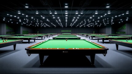 Modern Billiard Hall with Multiple Snooker Tables and Bright Lighting in a Spacious Recreation Area for Game Players and Enthusiasts