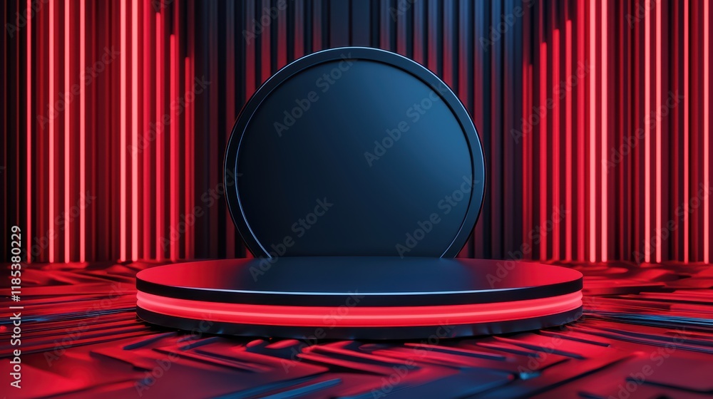 Poster futuristic stage with neon lights and circular display background