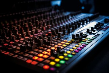 Obraz premium Close-up of a soundboard with colorful buttons and knobs. AI generative. .