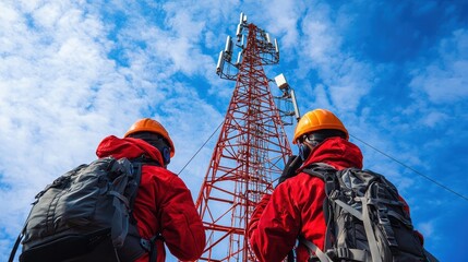 Two workers in safety gear observe a tall communication tower under a bright blue sky, emphasizing technology and teamwork in a professional setting.
