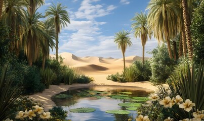 Obraz premium Lush oasis with palm trees, pond, and sand dunes under a sunny sky.