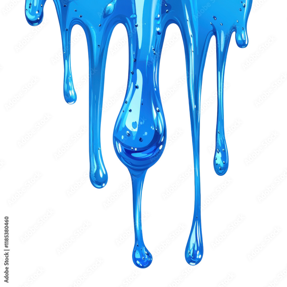 Poster cyan droplets, vibrant cyan drops cascading from a surface edge, ideal for illustrations, featuring 