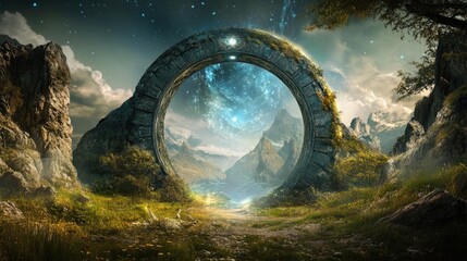A fantastic landscape where a stargate opens to uncharted territories, with a banner template for copy