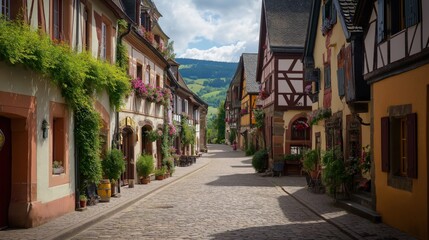 Fototapeta premium Charming European Village Street With Cobblestone Roads and Historic Buildings in a Sunny Setting
