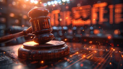A wooden gavel with glowing lights in the background. AI generative. .
