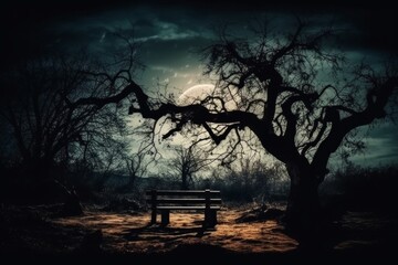 Silhouetted trees and a bench under a misty moonlit sky. AI generative. .