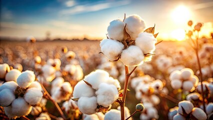 Tilt-shift captures ripe white cotton bolls bursting from mature plants in a close-up rural harvest scene.