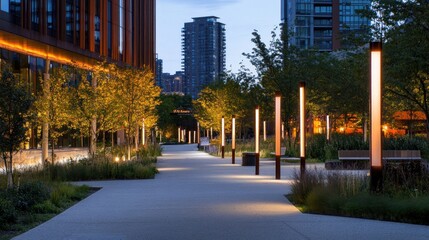 Illuminated pathway at dusk, modern architecture, urban landscape.