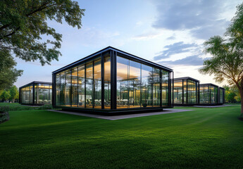 These contemporary glass pavilions blend architecture with nature, featuring expansive windows that invite light and views of the lush green surroundings